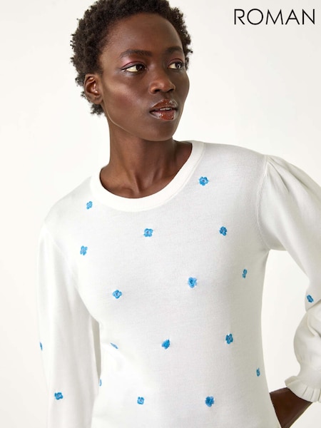 Roman White Floral Embroidery Knit Top (F29486) | £42
