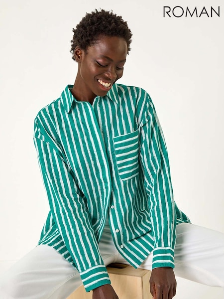 Roman Green 100% Cotton Linear Print V-Neck Button Shirt (F29491) | £40