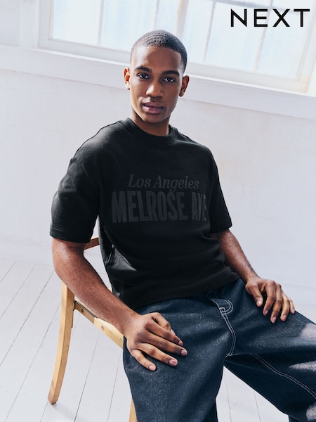 Black Relaxed Fit Graphic Print Heavy Weight T-Shirt (F29616) | £18