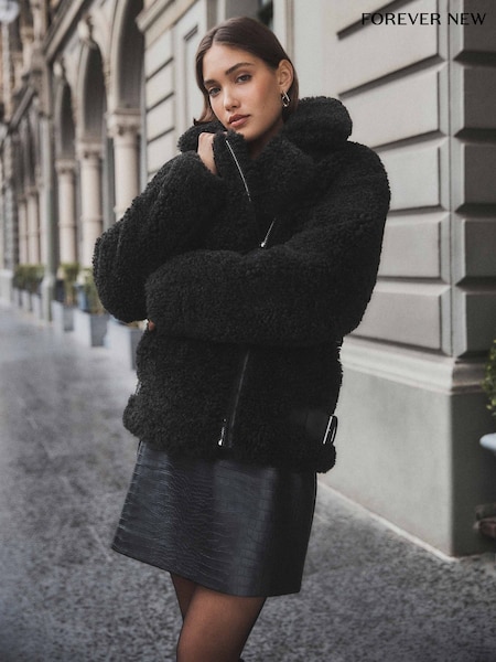 Forever New Black Belle Faux Fur Aviator Jacket (F29662) | £130