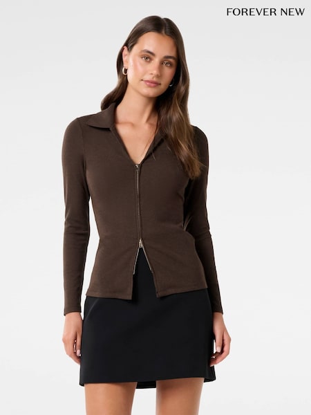Forever New Brown Tessa Zip Front Polo Top (F29670) | £45