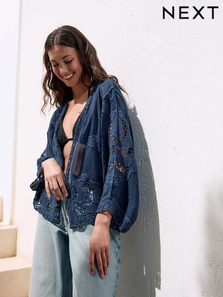 Navy White Crochet Kimono Cover-Up (F29817) | £28