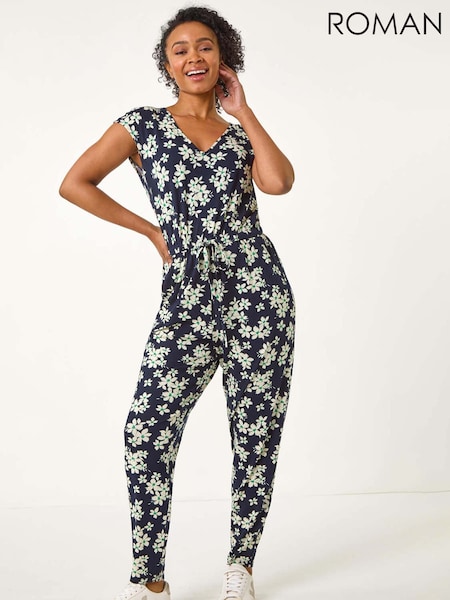 Roman Blue Petite Floral Print Tie Stretch Jumpsuit (F29824) | £50