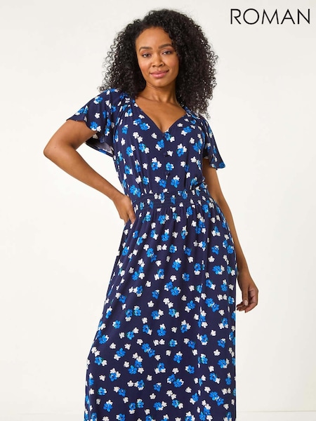 Roman Blue Petite Spot Shirred Waist Midi Dress (F29840) | £50