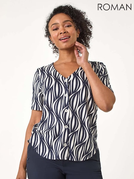 Roman Blue Petite Geo Print V-Neck Stretch Blouse (F29847) | £32