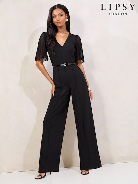 Lipsy Black Petite Pleated Sleeve V-Neck Jumpsuit with Belt (F29979) | £65