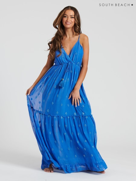 South Beach Blue Sequin Detail Cami V-Neck Maxi Dress (F30035) | £45
