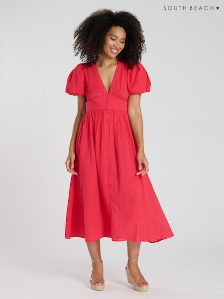 South Beach Pink Puff Sleeve Button Detail 100% Cotton Midi Dress (F30036) | £62