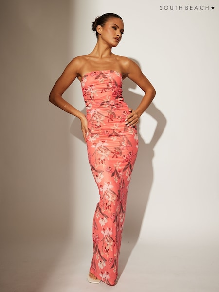 South Beach Orange Printed Mesh Strapless Maxi Dress (F30050) | £40