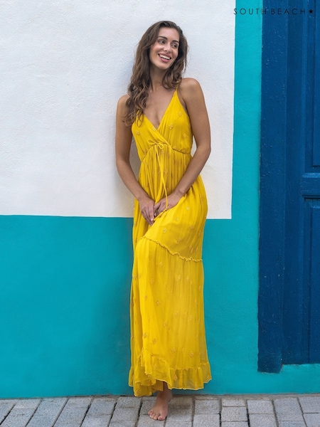 South Beach Yellow Sequin Detail Cami V-Neck Maxi Dress (F30059) | £45