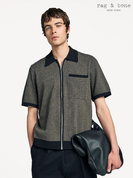 Rag & Bone Black Zuma Jacquard Short Sleeve Zip Through Shirt (F30133) | £310
