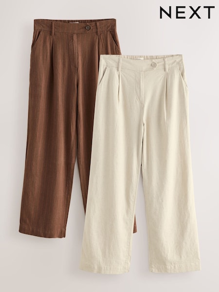Brown/Cream Brown/Cream Stay Smart Wide Leg Linen Rich Trousers 2 Pack (F30149) | £70