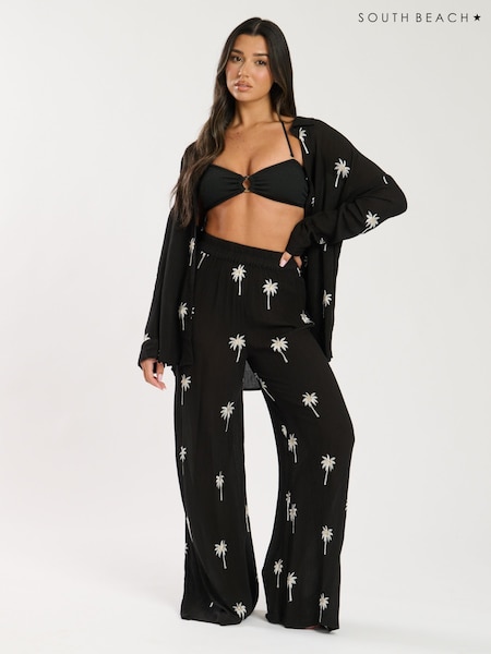 South Beach Black Palm Tree Embroidered Palm Tree Embroidered Beach Trousers (F30221) | £40