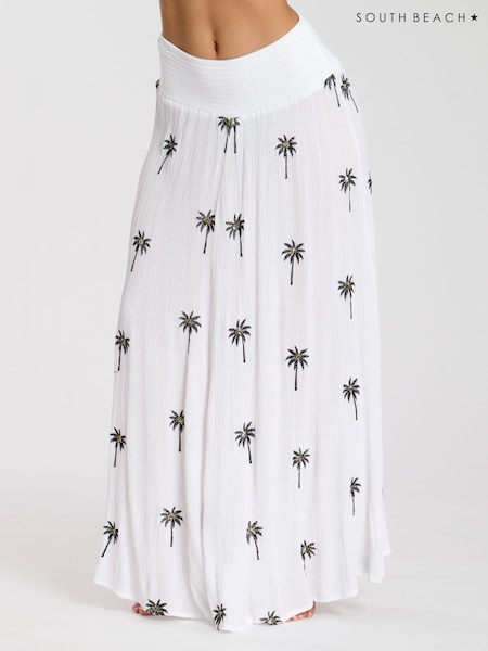 South Beach White Palm Tree Embroidered Shirred Waist Maxi Skirt (F30226) | £40