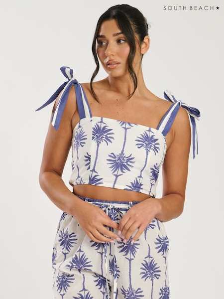 South Beach White 100% Cotton Printed Tie Shoulder Top (F30231) | £30
