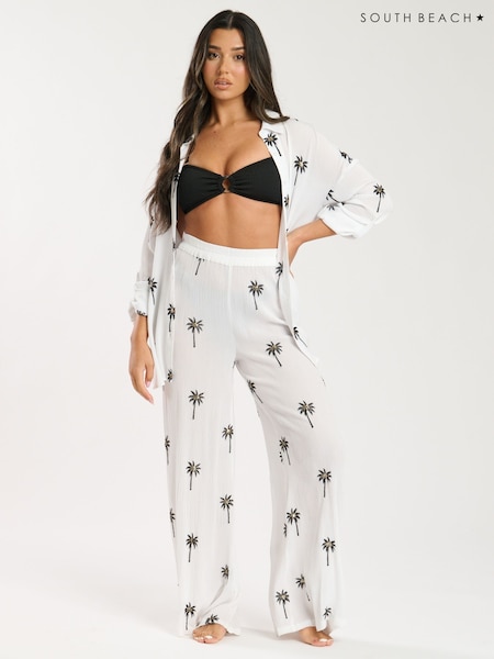 South Beach White Palm Tree Embroidered Beach Trousers (F30234) | £40