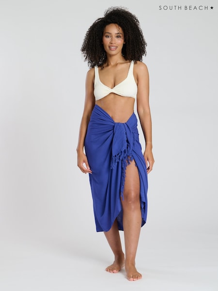 South Beach Blue Crinkle Viscose Fringed Sarong Cover-Up (F30251) | £22
