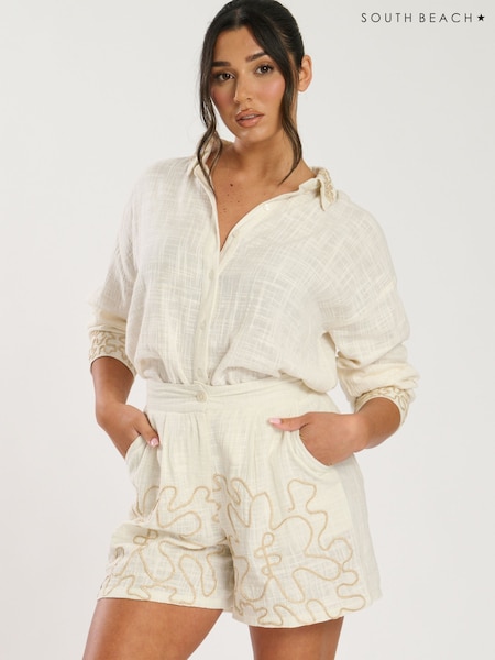 South Beach Cream Contrast Piping 100% Cotton Shorts (F30257) | £40