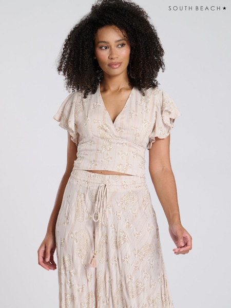 South Beach Natural Printed Metallic Frill Wrap Top (F30261) | £30