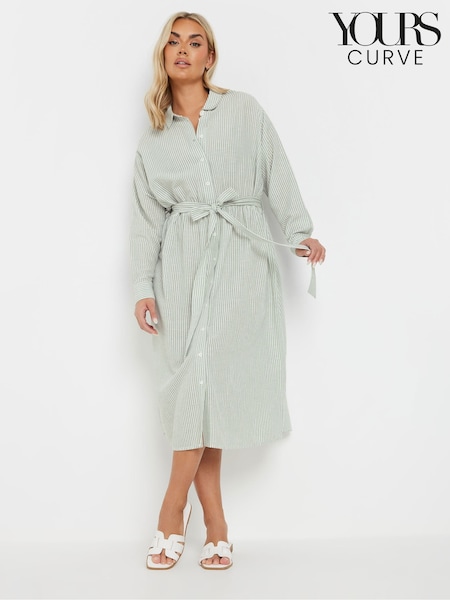 Yours Curve Green Long Sleeve Linen Stripe Shirt Dress (F30330) | £37