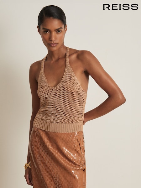 Reiss Gold Ruby Atelier Open Knit Halterneck Top (F30558) | £115