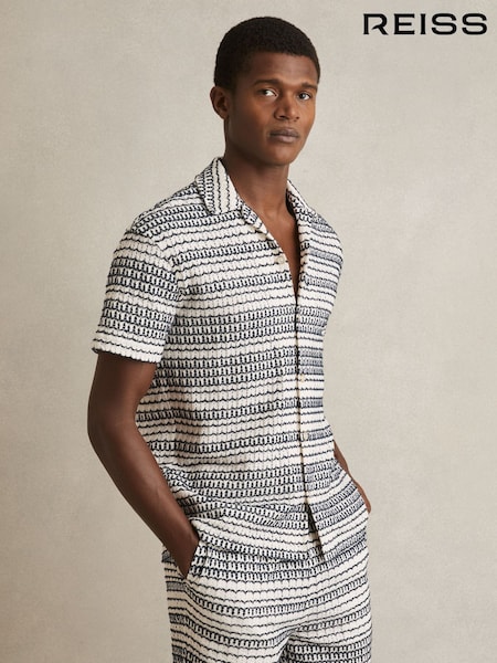 Reiss White/Black Chez Crochet Cuban-Collar Shirt (F30562) | £120