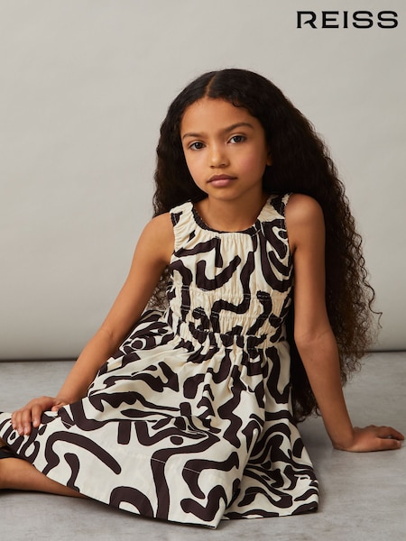 Reiss Ivory Print Anouka Cotton Shirred Printed Dress (F30575) | £58