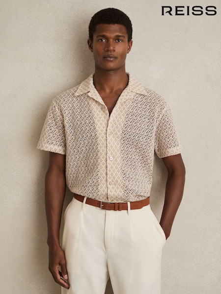 Reiss Oatmeal Sterling Crochet Cuban-Collar Shirt (F30588) | £118