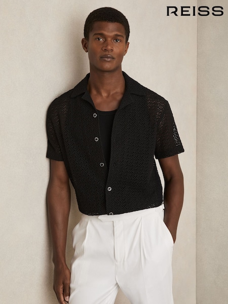 Reiss Black Sterling Crochet Cuban-Collar Shirt (F30589) | £118