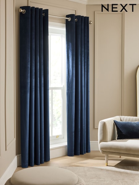 Navy Blue Liquid Velvet Lined Eyelet Curtains (F30623) | £50 - £125