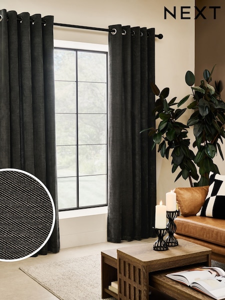 Charcoal Grey Fine Chenille Blackout/Thermal Eyelet Curtains (F30638) | £60 - £130