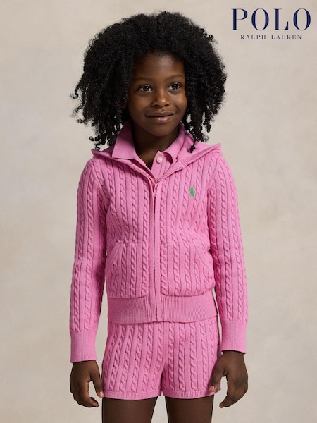 Polo Ralph Lauren Pink Girls Cable Knit Full Zip Hoodie (F30820) | £115 - £125