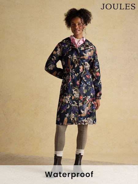 Joules Holkham Navy Bird Floral Waterproof Packable Raincoat With Hood (F30830) | £69