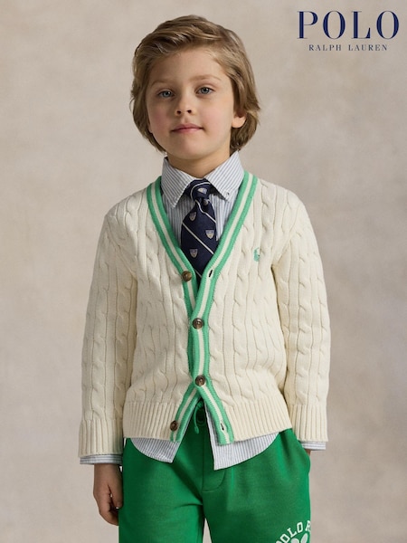 Polo Ralph Lauren Cream Boys Cable Knit Stripe Detail Cricket Cardigan (F30832) | £125 - £135