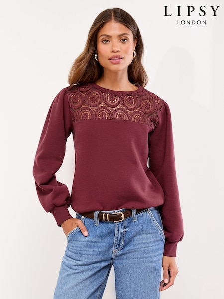 Lipsy Burgundy Crochet Crew Neck Sweatshirt (F30836) | £36