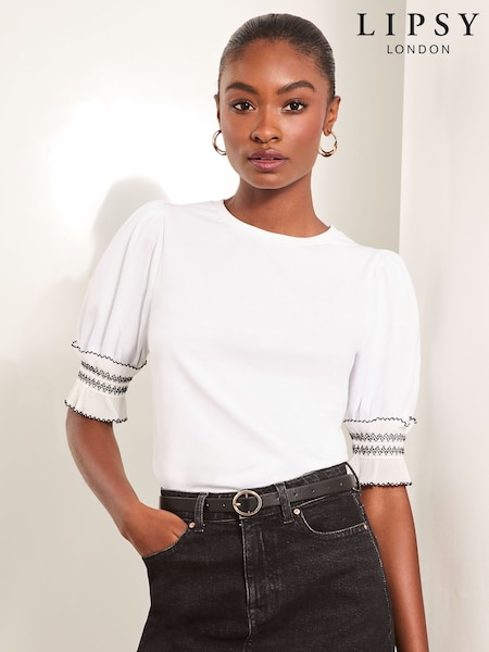 Lipsy White 100% Cotton Trim Detail Short Sleeve Puff Top (F30838) | £28