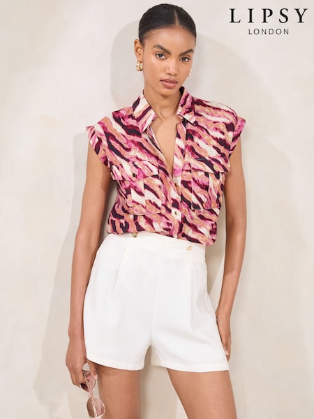 Lipsy Pink Animal Sleeveless Palm Print Pocket Detail Shirt (F30869) | £0