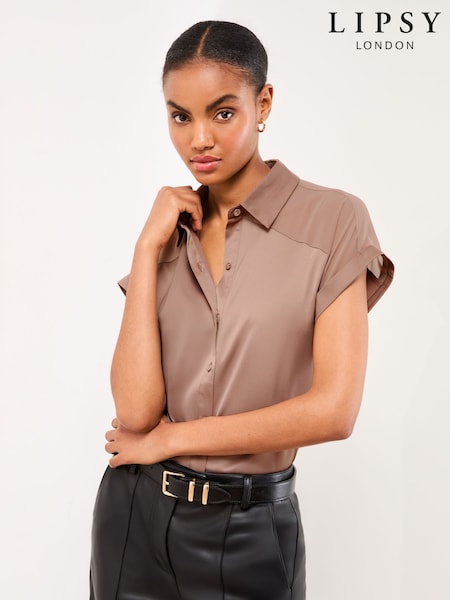 Lipsy Light Pink Short Sleeve Satin Chiffon Mix Shirt (F30887) | £36