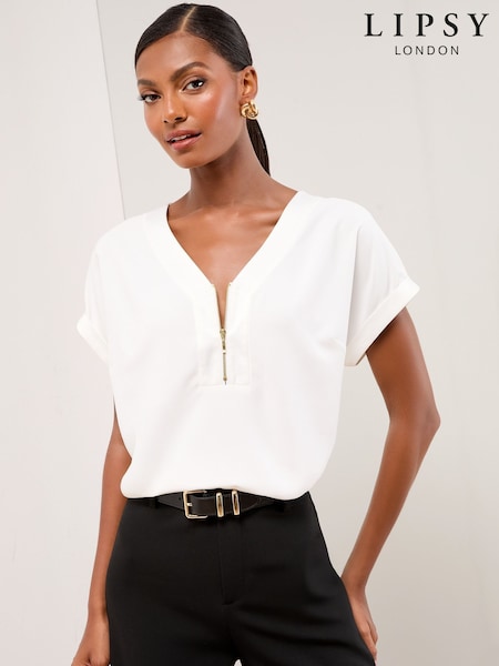 Lipsy White Zip Front Utility T-Shirt (F30897) | £29