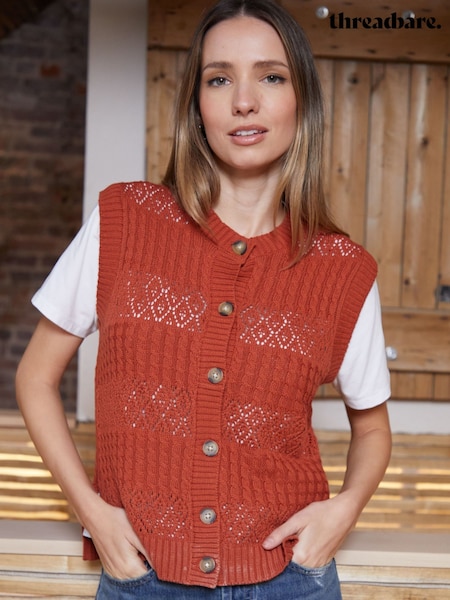 Threadbare Orange Button Up Pointelle Knit Vest (F30909) | £24
