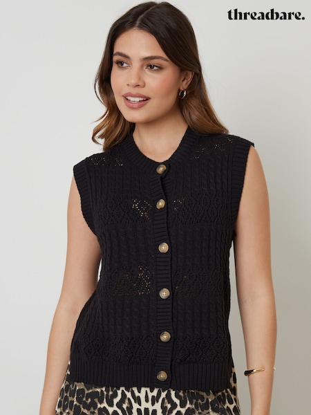 Threadbare Black Button Up Pointelle Knit Vest (F30915) | £24