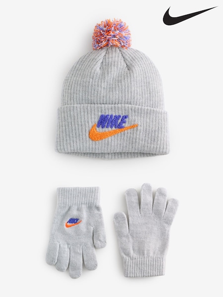 Nike Grey Club Chenille Beanie Hat and Gloves Set (F31202) | £25