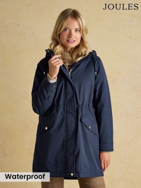 Joules Portwell Cosy Navy Fleece Lined Waterproof Raincoat with Hood (F31329) | £109