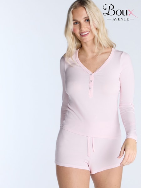 Boux Avenue Powder Pink Modal Long Sleeve Henley Top & Short Pyjamas Set (F31423) | £40