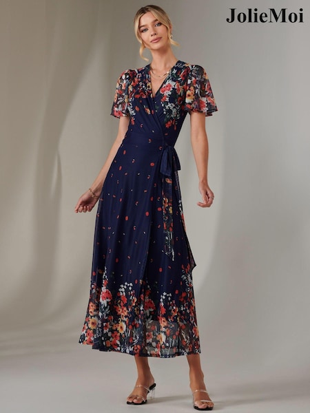 Jolie Moi Blue Mirror Print Mesh Wrap Maxi Dress (F31525) | £85