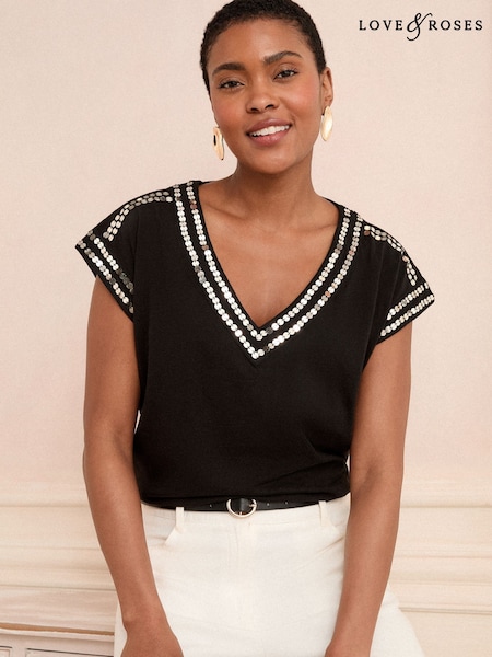 Love & Roses Black Sequin Trim Petite V-Neck Jersey T-Shirt (F31532) | £25