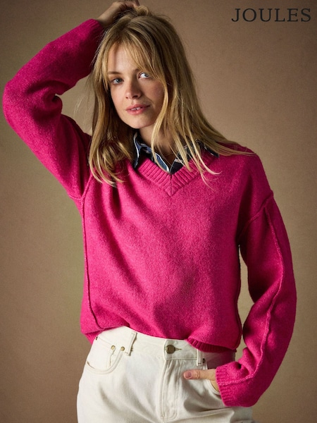 Joules Hannah Fushsia Pink V-Neck Relaxed Fit Jumper (F31663) | £49