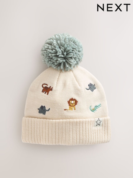 Neutral Safari Embroidered Pom Beanie Hat (3mths-10yrs) (F31796) | £7