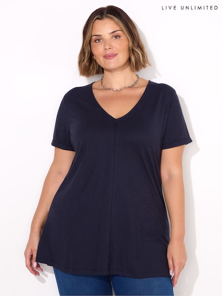 Live Unlimited Blue 100% Cotton Slub V-Neck Longline T-Shirt (F32124) | £39