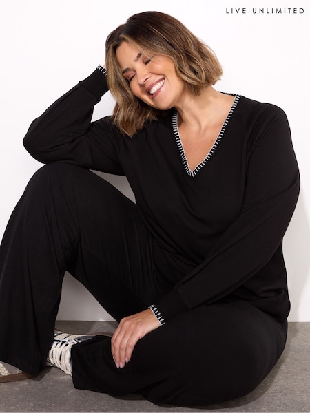 Live Unlimited Black Blanket Stitch Modal V-Neck Sweatshirt (F32128) | £55